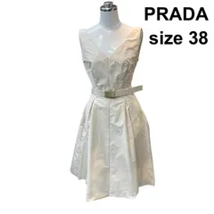 □ プラダ PRADA ミニワンピース 前後Vネック ノースリーブ フレア バックドレス ベルト付き 白 38 S 7号 レディース Z6D210のサムネイル