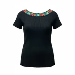 22f17 YVES SAINT LAURENT イヴサンローラン ボートネック リブニットセーター ショートスリーブ 花柄刺繡  サイズM ブラック レディース 女性服o07tのサムネイル