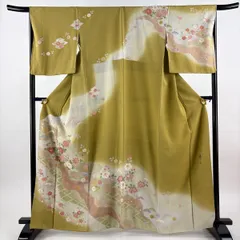 【在庫一掃】 訪問着 身丈164cm 裄丈66cm M 袷 松井青々 落款 菊 枝梅 金銀彩 ぼかし 薄黄土色 正絹 逸品 【中古】のサムネイル