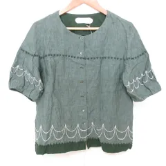 美品 Lisette リゼッタ リッツァ リネン100％ 刺繡 ショートスリーブ ノーカラー ブラウス シャツ 38 エメラルド グリーン レディース 古着 中古 USEDのサムネイル