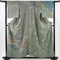 【在庫一掃】 訪問着 身丈156cm 裄丈64cm M 袷 松井青々 落款 草花 霞 金彩 絞り 灰緑 正絹 逸品 【中古】のサムネイル