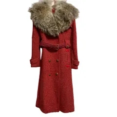 美品 TORY BURCH トリーバーチ コヨーテファーカラー ツイード トレンチコート サイズ2 レッド レディース 古着 中古 USEDのサムネイル