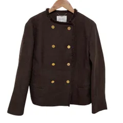 美品 BEIGE ベイジ MILLAM フリンジ ノーカラーツイードジャケット サイズ2 ブラウン レディース 古着 中古 USEDのサムネイル