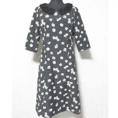 美品 KOJI WATANABE STYLE コージワタナベスタイル フラワー×ドット柄 襟付き ひざ丈 ワンピース 7号 ブラック レディース 古着 中古 USEDのサムネイル