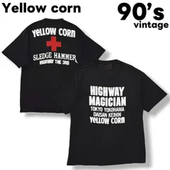 【希少】 90s ヴィンテージ イエローコーン Yellow corn ロゴ プリント Tシャツ シングルステッチ クルーネック カットソー L相当 ブラック バイク モーター スポーツ ストリート メンズのサムネイル