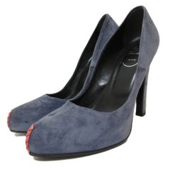 美品 Roger Vivier ロジェヴィヴィエ スエード レザー 編み込み ポインテッドトゥ ハイヒール パンプス 37 約24cm ブルーグレー レディース 古着 中古 USED