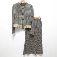 美品 HIROKO KOSHINO ヒロココシノ 千鳥柄 ノーカラージャケット スカート セットアップ サイズ6 ブラック ベージュ レディース 古着 中古 USEDのサムネイル