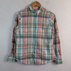 LLBean long-sleeved checkered shirt, pastel green, size L, women's, vintage, American casual, simple.