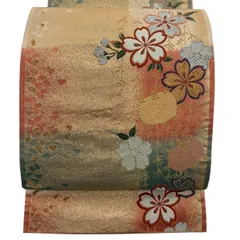 【在庫一掃】 袋帯 秀品 振袖向き 糸巻き 桜 金銀糸 箔 金色 全通 正絹 【中古】