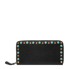 ヴァレンティノ ロックスタッズ ラウンドファスナー 長財布 ブラック ターコイズブルー レザー レディース VALENTINO【214-52956】のサムネイル