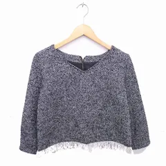 ドゥアルシーヴ DOUX ARCHIVES ニット カットソー 総柄 Vネック フリンジ ウール混 七分袖 M ブラック ホワイト 黒 白 /TT9のサムネイル