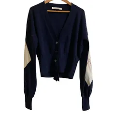 美品 LIVIANA CONTI リビアナコンティ アーガイルスリーブ Vネック ニットカーディガン サイズ42 ネイビー レディース 古着 中古 USEDのサムネイル