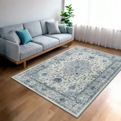 INOVADAY カーペット ラグマット 90×150cm 絨毯 ペルシャ風 洗えるラグ 滑り止め オールシーズン 床暖房 ホットカーペット対応 撥水加工 低ホルム おしゃれ アンティーク 花柄 ライトブルー×ホワイトｍａのサムネイル