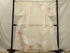 E5◇着物くつろぎ 夏物 紅葉に撫子 銀彩 正絹 付下げ 薄物 絽 紗 着物