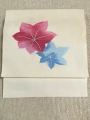 仕立て上がり名古屋帯　中古　ポリエステル　袷・単衣用　生成　紅葉柄  八寸　900264 帯の長さ短め