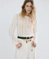 マンゴ レディース アウター ニット・セーター MANGO Womens Frayed OpenKnit Sweater Ecru エクリュのサムネイル