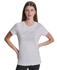 ダナ キャラン ニューヨーク レディース トップス Tシャツ ロゴ DKNY Sport Womens Triple Rhinestone Foilogo TShirt White ホワイトのサムネイル
