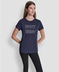 ダナ キャラン ニューヨーク レディース トップス Tシャツ ロゴ DKNY Sport Womens Triple Rhinestone Foilogo TShirt Peacoatのサムネイル