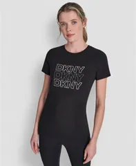 ダナ キャラン ニューヨーク レディース トップス Tシャツ ロゴ DKNY Sport Womens Triple Rhinestone Foilogo TShirt Black ブラックのサムネイル