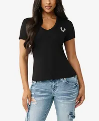 トゥルーレリジョン レディース トップス Tシャツ Vネック True Religion Womens Crystal Buddha VNeck TShirt Jet Black ブラックのサムネイル