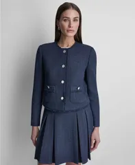 ダナ キャラン ニューヨーク レディース アウター ジャケット・ブルゾン クロップド DKNY Womens Waffle Boucle ButtonFront Cropped Jacket Navyのサムネイル