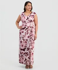 コネクテッド レディース トップス ワンピース フラワー柄 プラスサイズ プリント フラワー Connected Plusize FloralPrint SurpliceNeck Gown Mauve