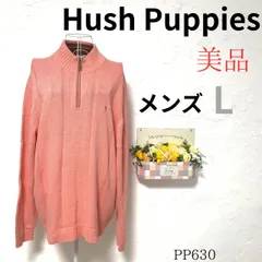 美品 Hush Puppies ハッシュパピー メンズ L ハーフジップ ニット セーター 綿100% コットン リブ襟 ロゴ刺繍 ピンク コーラル 長袖 カジュアル アメカジ 古着男子 古着女子 ユニセックスのサムネイル