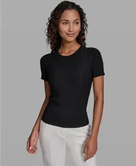 カール ラガーフェルド レディース アウター ニット・セーター クルーネック リブ 半袖 KARLAGERFELD PARIS Womens Ribbed ShortSleeve Crew Neckのサムネイル