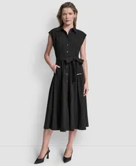 ダナ キャラン ニューヨーク レディース トップス シャツ キャップスリーブ キャップ DKNY Womens CapSleeve Drop Waist Shirt Dress Black ブラックのサムネイル