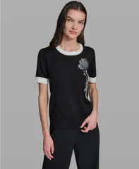 カール ラガーフェルド レディース アウター ニット・セーター クルーネック KARLAGERFELD PARIS Womens Rose Detail Crewneck Sweater BlackSのサムネイル