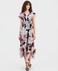 アンクライン レディース トップス ワンピース フラワー柄 プリント フリル シャーリング フラワー Anne Klein Womens FloralPrint Smocked Ruffledress
