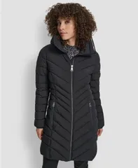 ダナ キャラン ニューヨーク レディース アウター コート DKNY Womens Chevron Stand Collar Coat Black ブラックのサムネイル