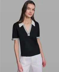 カール ラガーフェルド レディース アウター ニット・セーター KARLAGERFELD PARIS Womens Johnny Collar Sweater BlackSoft White ホワイトのサムネイル
