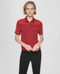 ダナ キャラン ニューヨーク レディース トップス シャツ 半袖 DKNY WomenshortSleeve Buttoned Colla red Camp Shirt Rhytm Red レッドのサムネイル