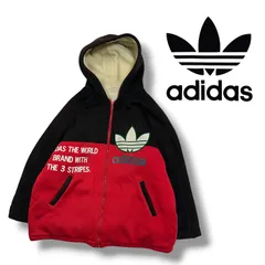 【80s】adidas アディダス ジップアップ キルティングパーカー フーディー ブラック レッド ビンテージ 140 XL相当