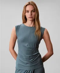 カルバンクライン レディース トップス タンクトップ クルーネック ギャザー ノースリーブ Calvin Klein Womens Rib Ruched Crewneck Sleeveless Tanのサムネイル