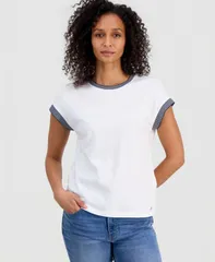ナウティカ レディース トップス Tシャツ Nautica WomenstripedTrim DolmanSleeve TShirt Bright White ホワイトのサムネイル