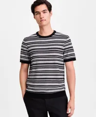 アルファニ メンズ アウター ニット・セーター クルーネック Tシャツ 半袖 Alfani MenshortSleeve Stripe Crewneck Sweater Tee Deep Blackのサムネイル