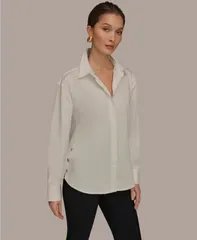 ダナ キャラン ニューヨーク レディース トップス シャツ 長袖 Donna Karanew York Womens LongSleeve ButtonUp Shirt Cream クリームのサムネイル