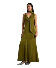 ウエアハウス レディース トップス ワンピース マキシ Warehouse Womens Plain Scarf Detail Tie Neck Maxi Dress Olive オリーブのサムネイル