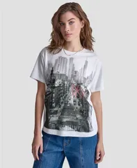 ダナキャランニューヨーク レディース トップス Tシャツ プチ 半袖 スパンコール ロゴ DKNY Jeans Petite New York Stacked Sequin Logo ShortSleのサムネイル