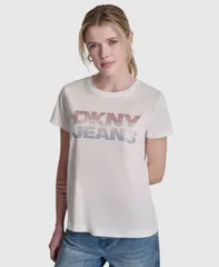 ダナキャランニューヨーク レディース トップス Tシャツ クルーネック ミニ ロゴ DKNY Jeans Womenstacked Ombre Mini Rhinestone Logo Crewnecのサムネイル
