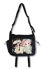 [mitt rom] 推し活バッグ ぬいショルダー ぬいポーチ 20cmぬい2体収納 クリア窓 隠せる A4収納 撥水 軽量 ぬいぐるみ バッグ 2wayショルダー (ブラック)のサムネイル