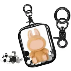 ぬいぐるみポーチ 15cmサイズ対応 ぬいポーチ 全透明 PVC収納ケース 防水 防塵ケース ジッパー付き 人形の保管場所 推し活グッズ収納に ポンポンボールとキーホルダー付属 (15cm対応-黒)のサムネイル