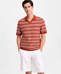 アルファニ メンズ アウター ニット・セーター 半袖 Alfani MenshortSleeve Stripe Button Johnny Sweater True Sienna ストライプのサムネイル