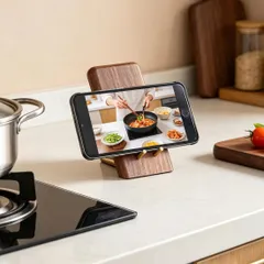【木製スマホスタンド 真鍮ピン付】ブラックウォールナット 無垢材 スマホスタンド 卓上 タブレットスタンド おしゃれ 縦置き横置き対応 小型 iPad mini対応 携帯スタンド 木製のサムネイル
