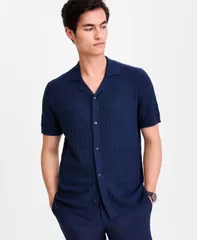 アルファニ メンズ アウター ニット・セーター ボタンダウン 半袖 ダウン Alfani MenshortSleeve Textu red Button Down Sweater Neo Navy ネのサムネイル