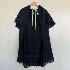 70’s USA ケープ付きポンチョ　黒レース　ハンドメイド　バイカラー　リボンのサムネイル