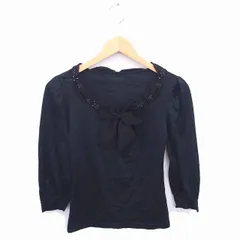 プライベートレーベル Private label カットソー リボン ビーズ装飾 薄手 七分袖 M 黒 ブラック /TT44のサムネイル