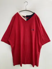 TOMMY JEANS トミージーンズ Tシャツ/カットソー XXL/XXG/XXG レッド 無地 ワンポイント ブランドロゴ ミドル丈 半袖 Vネック メンズ レディース